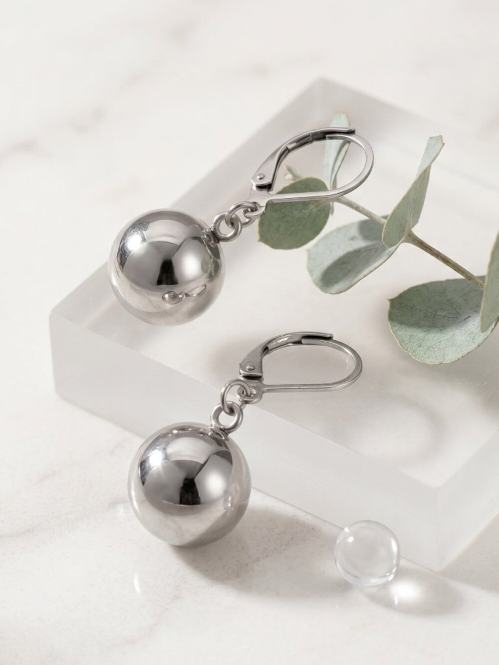 Polished Ball Drop Earrings Quiet Luxury Stainless Steel Silver Lever Back 1.2in